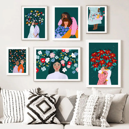 Abstrakte Mode Mädchen Bunte Blumen Blätter Wandkunst Leinwand Drucke Nordische Poster Und Drucke Wandbilder Wohnzimmer Dekoration