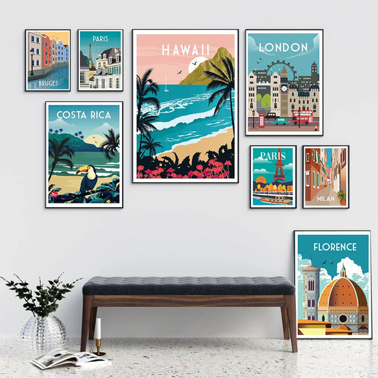 Moderne Wandkunst, Reisen, Stadtlandschaft, Frankreich, Paris, Florenz, Hawaii, Mailand, Leinwand-Poster, Druck, Heim-Schlafzimmer-Wohnzimmer-Dekoration