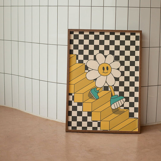 Lachende lächelnde Blumen Cartoon Poster Retro Groovy 70er Jahre Stil Wandkunst Bilder Trendige Hippie Leinwandmalerei Wohnzimmer Dekor
