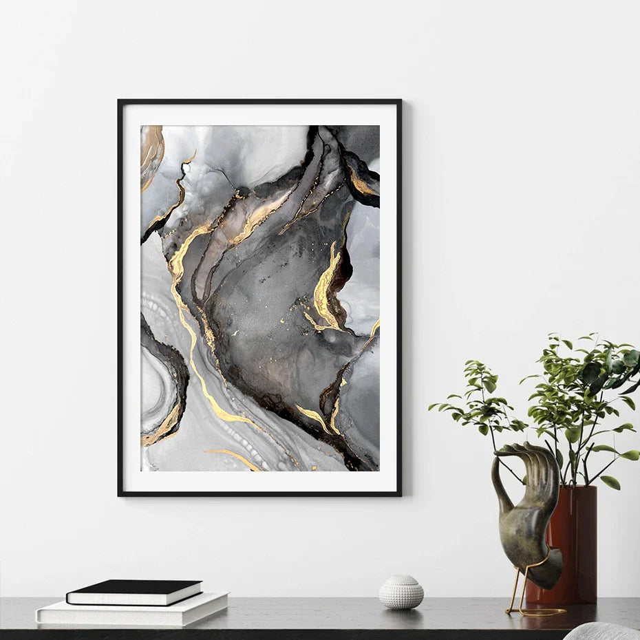 Modern Marble Texture Gold Black Posters Luxury Canvas Painting Wall Art Print Pictures for Living Room Interior Home Decoration