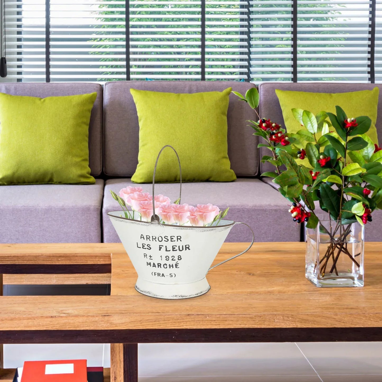 Blumenvasen-Eimer-Pflanzer-Tontopf-Metall-Shabby-Französisch-Galvanisiert-Chic-Retro-Bauernhaus-Vintage-Arrangement-Mittelstück-Hängende-Kanne