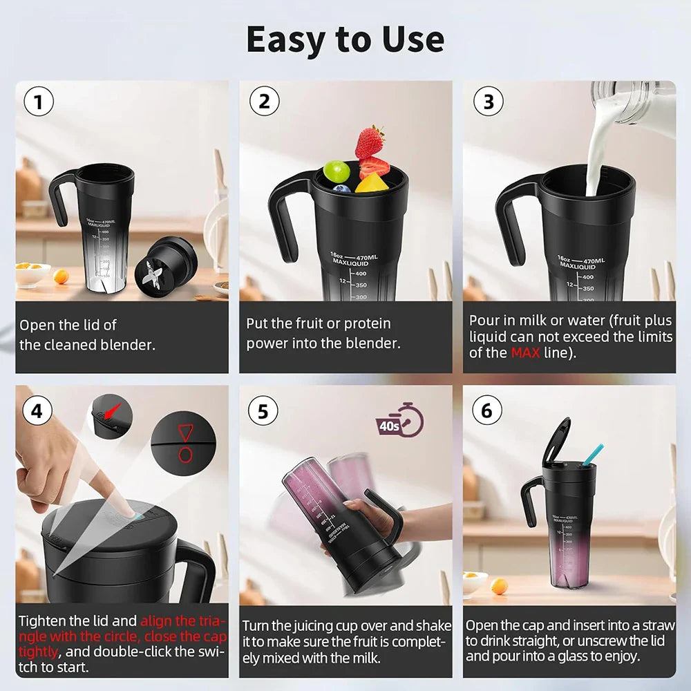 Tragbarer Entsafter - Wiederaufladbarer Mini-Mixer mit 6 scharfen Klingen für Shakes und Smoothies