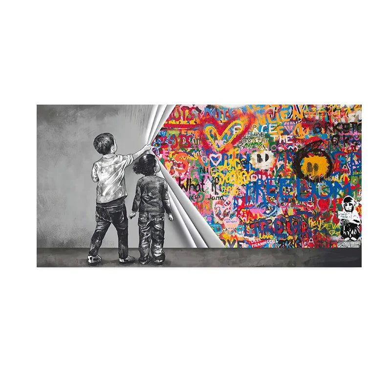 Nordic Minimalist Wall Art Bank Graffiti Funny Two Kids HD Canvas Poster Print Home Bedroom Living Room Decoration Gifts