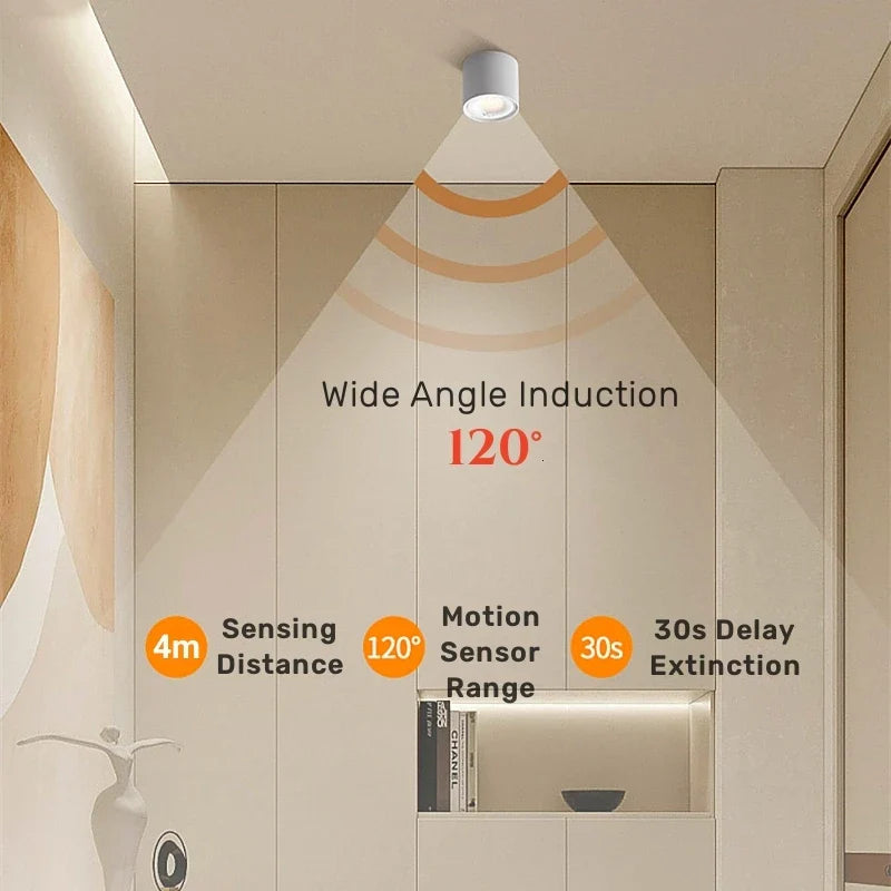 PIR Bewegungsmelder LED Decken Einbaustrahler 12W - Oberflächenmontierte Blendfreie Smart Beleuchtungseinheit für Treppen Schlafzimmer Zuhause Strahler