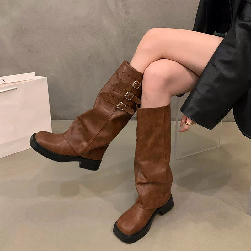 Frendorf | Retro-Stil Kniehohe Stiefel Damen Mode Damen Slip-On Ritter Lange Stiefel Herbst Winter Damen Schuhwerk