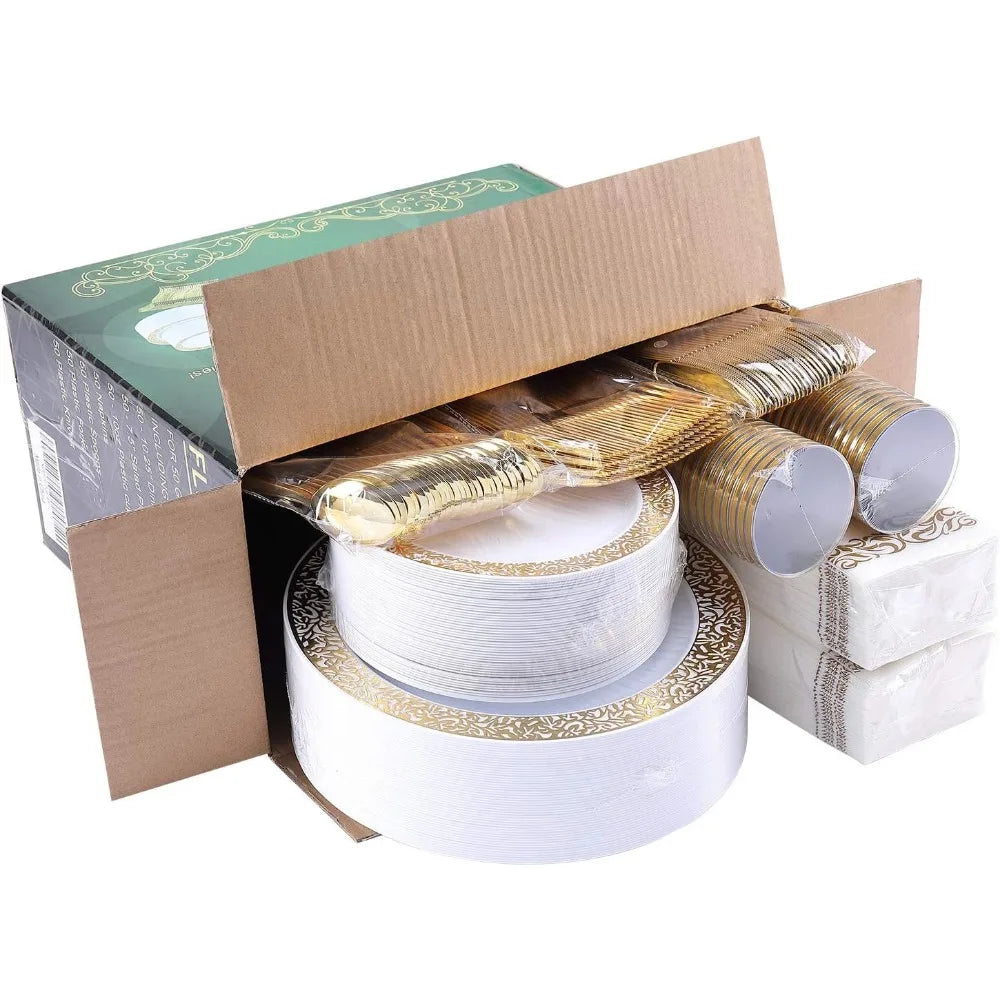 350pcs Einweg-Gold Spitze Geschirr Set für 50 Gäste