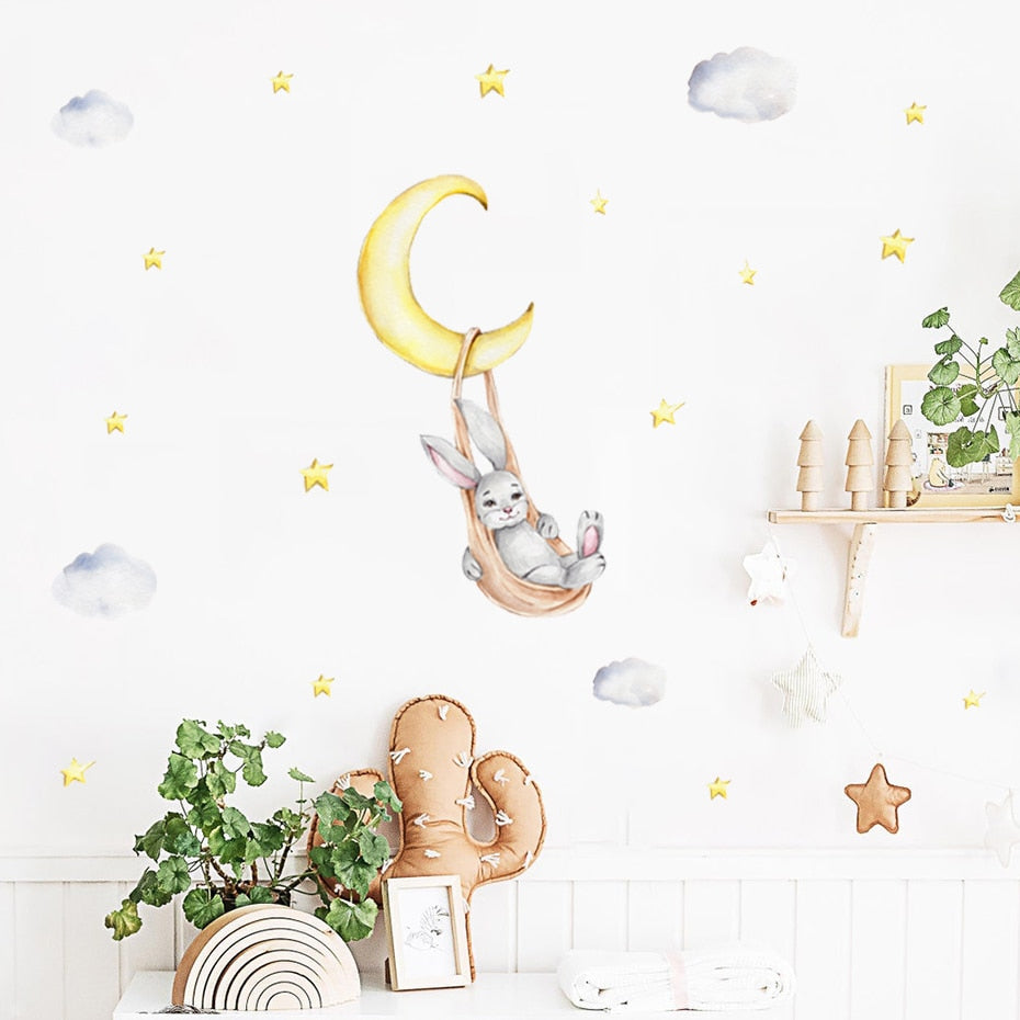 Frendorf | Cartoon Wandtattoos Hase Mond Sterne Wolken