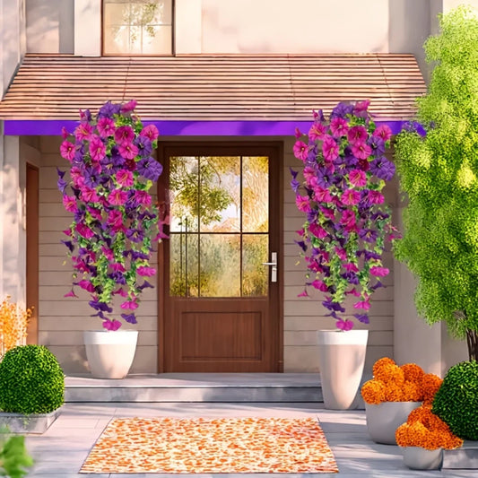 Frendorf | 2 Stück UV-beständige künstliche Morgenglockenblumen & Eukalyptus hängende Dekoration – Perfekt für Zuhause, Garten, Hochzeiten & Außendekoration