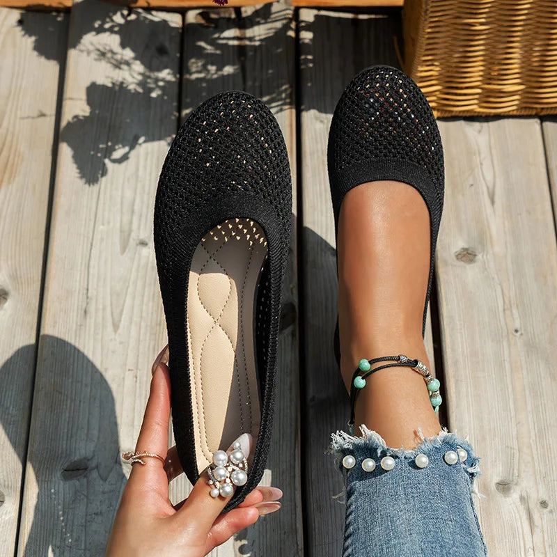Frendorf | Frauen Rundzehen-Flachschuhe Einfarbige Strickslippers Legere Atmungsaktive Ballerinas Frauen Flachschuhe Loafers Frauen