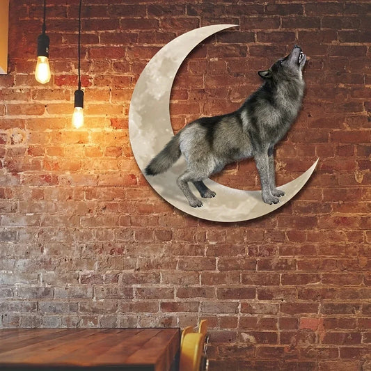 Deco Wolf on Moon Metall Zuhause Kunst Wandaufkleber Wohnzimmer Außenbereich Zuhause Schlafzimmer Metall Wanddekoration Hintergrund Me