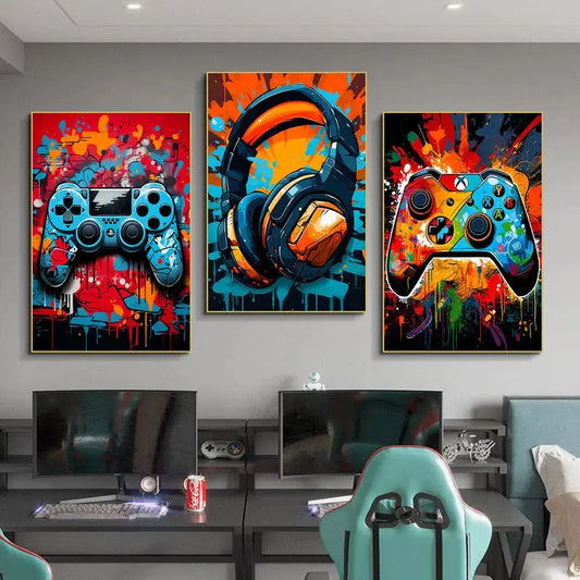 Farbige Spielcontroller-Leinwandmalerei Graffiti Gaming-Plakat Gamepad-Druck Bild für Jungen Gamer Schlafzimmer Wandkunst Wohnkultur