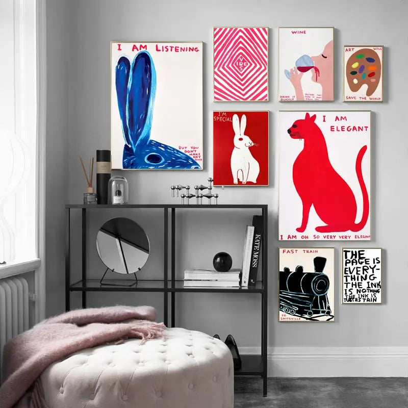 David Shrigley Rabbit Cat Wine Biscuit Train Wall Art Abstract Prints Canvas Painting Nordic Poster Pictures Living Room Decor