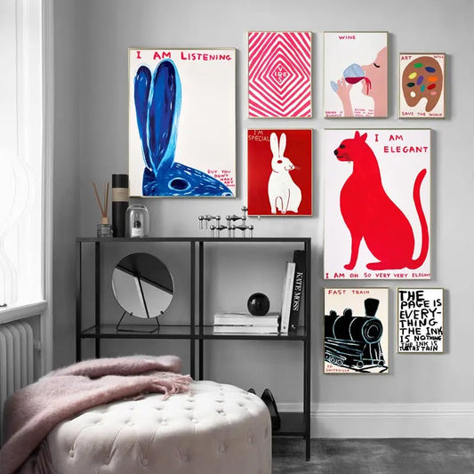 David Shrigley Rabbit Cat Wine Biscuit Train Wall Art Abstract Prints Canvas Painting Nordic Poster Pictures Living Room Decor