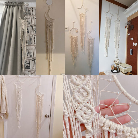 Mond und Stern Makramee Wandbehang Wandteppich Boho Wanddekoration Makramee Deko Pared Handarbeit Kinder Mädchen Zimmer Dekoration Geschenk 48h