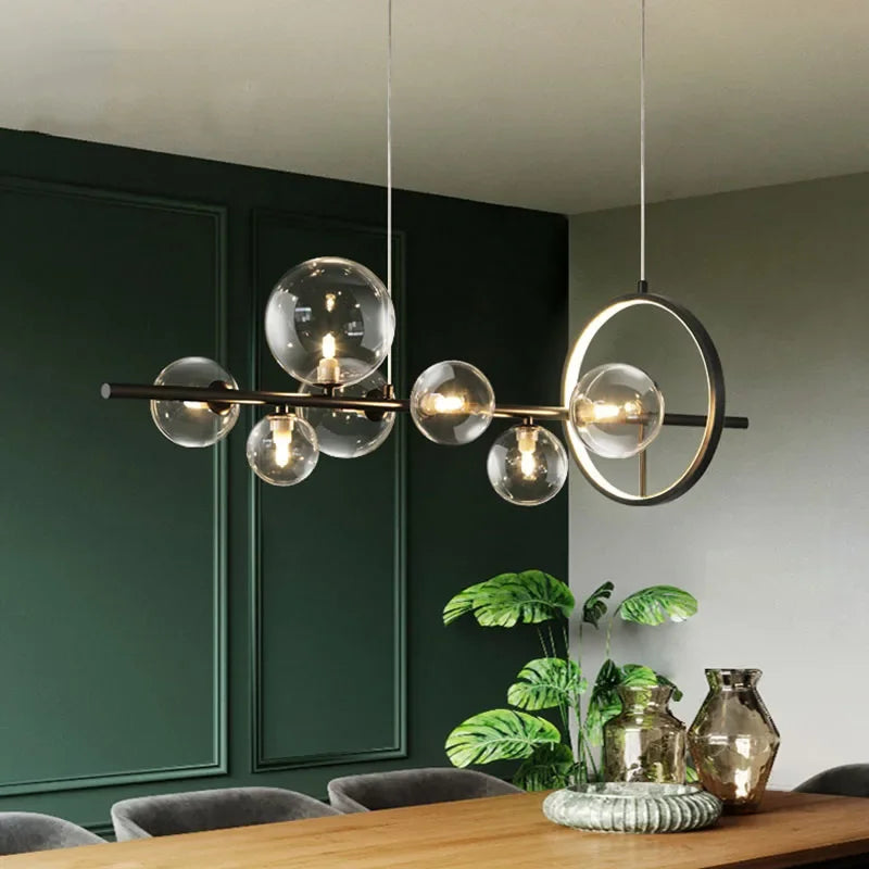 Moderne kreative Metall-Kronleuchter-Beleuchtung: 7/10 klare Glasblasen, langes rundes Design mit G9 Lichtfassung
