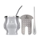 Das Yerba Mate-Set enthält eine doppelwandige Mate-Teetasse aus Edelstahl, eine Bombilla Mate (Strohhalm), einen Reinigungspinsel und einen Teetrenner