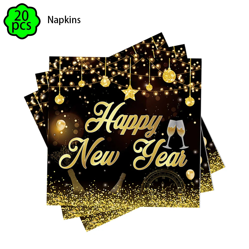 Neujahrsservietten Pappteller Becher Neujahr Tischdecken Tischüberwurf 2024 Neujahrsparty Dekorationen Silvesterparty Zubehör