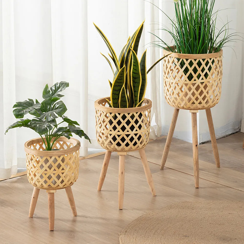 Handgefertigter Bambusgewebter Blumentopf mit Ständer Pflanze Blumenanzeige Aufbewahrungsständer DIY Aufbewahrung Kinderplantöpfe Wohnkultur