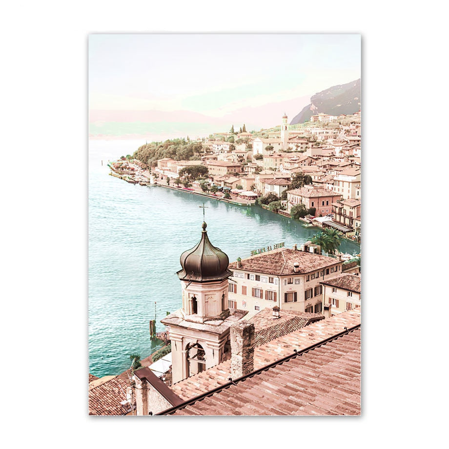 Venice Amalfi Küstenstadt Wasserfall Leinwandposter | Nordisches Schlafzimmer Wandkunst für Wohnzimmer Wohnkultur