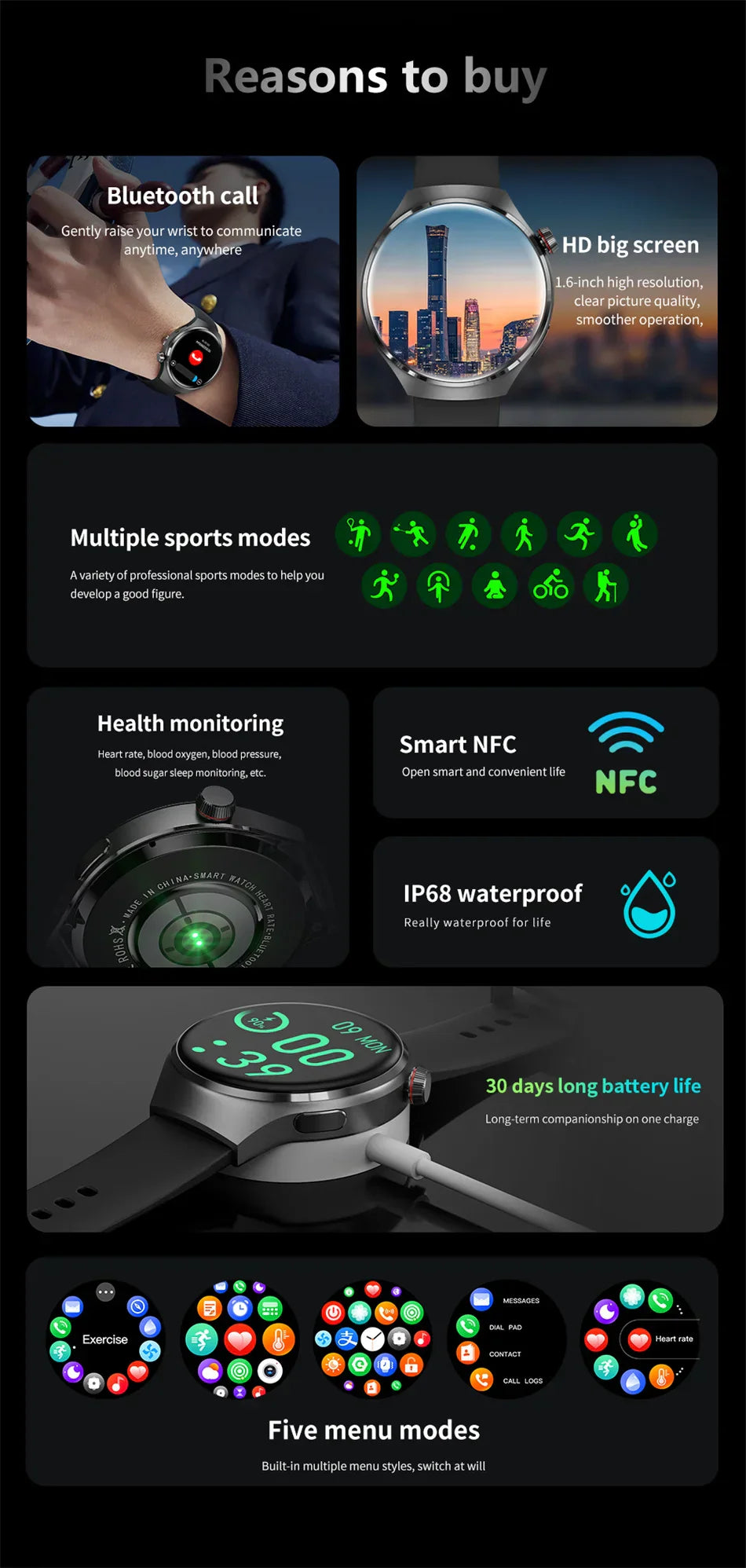 Frendorf | Neue HD AMOLED Multisport IP68 Wasserdichte Herren Smartwatch für IOS Android
