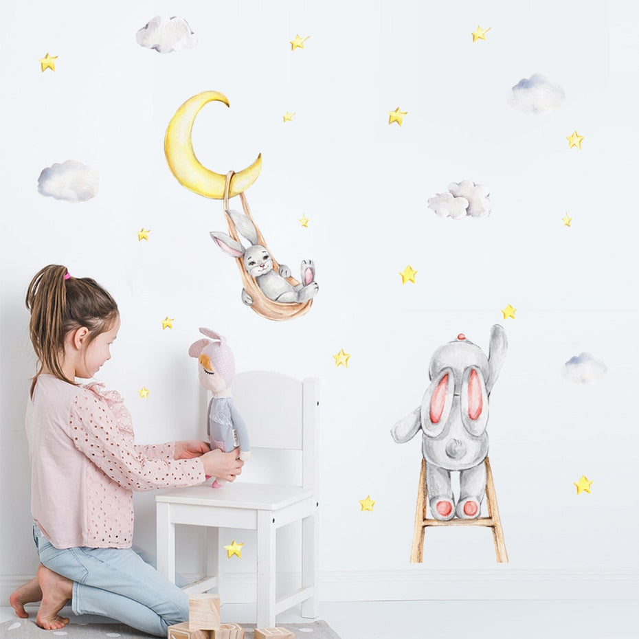 Frendorf | Cartoon Wandtattoos Hase Mond Sterne Wolken