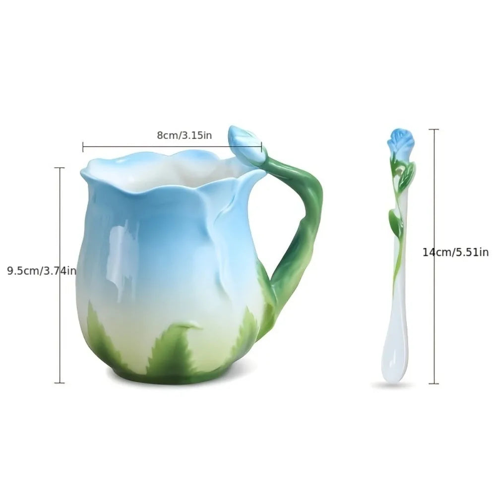 3D Rose Blume Kaffeetasse Keramik Kaffeetassen Niedliche ästhetische Wasserbecher mit Löffel Sommer Winter Trinkgeschirr Valentinstag Geschenke