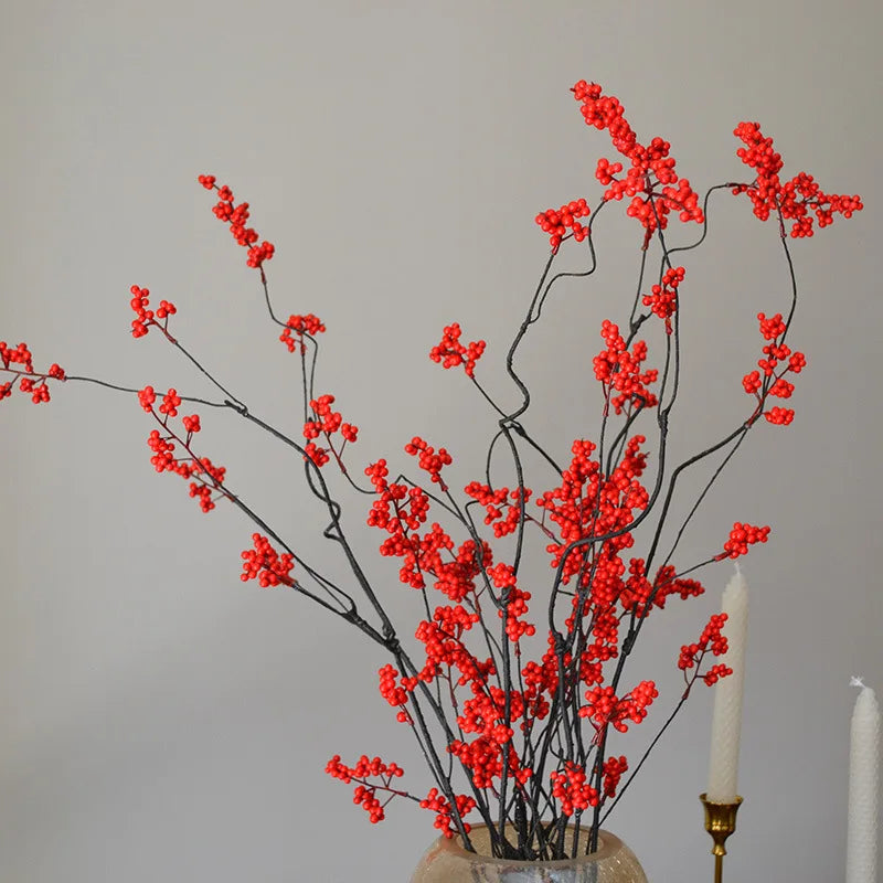 Frendorf | 120CM Chinesischer Stil Zen Blumenarrangement – Künstliche rote Beeren und grüne Obstspieße für Zuhause, Teetisch und Winterdekoration
