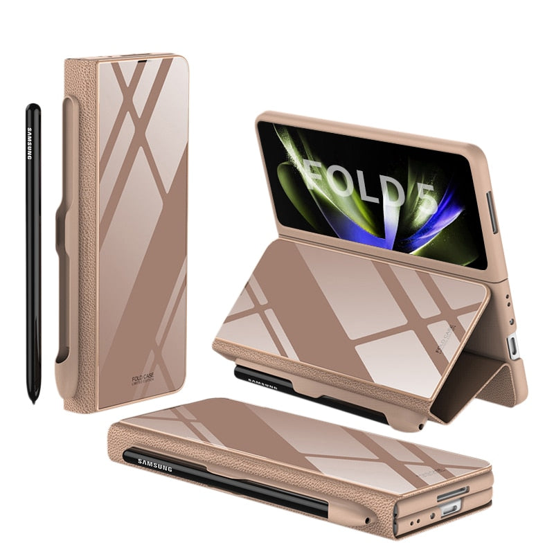 Frendorf | Stoßfeste Rüstungshülle Hülle Glas Abdeckung Ständer Einfügkarte Lederhülle für Samsung Galaxy Z Fold 5/4