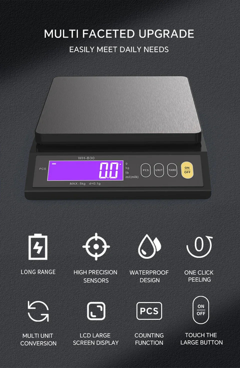 Frendorf | 5 kg/0,1 g und 10 kg/1 g digitale elektronische Küchenwaage, LCD-Display, voll wasserdichtes Edelstahl-Waagetool zum Backen