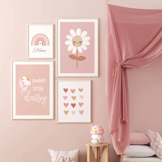 Niedlicher Daisy Rainbow Sonne Liebe Herz personalisiertes Namensposter von Wandkunst Leinwanddrucke Bild Rosa Mädchen Baby Kinderzimmer Wohnkultur