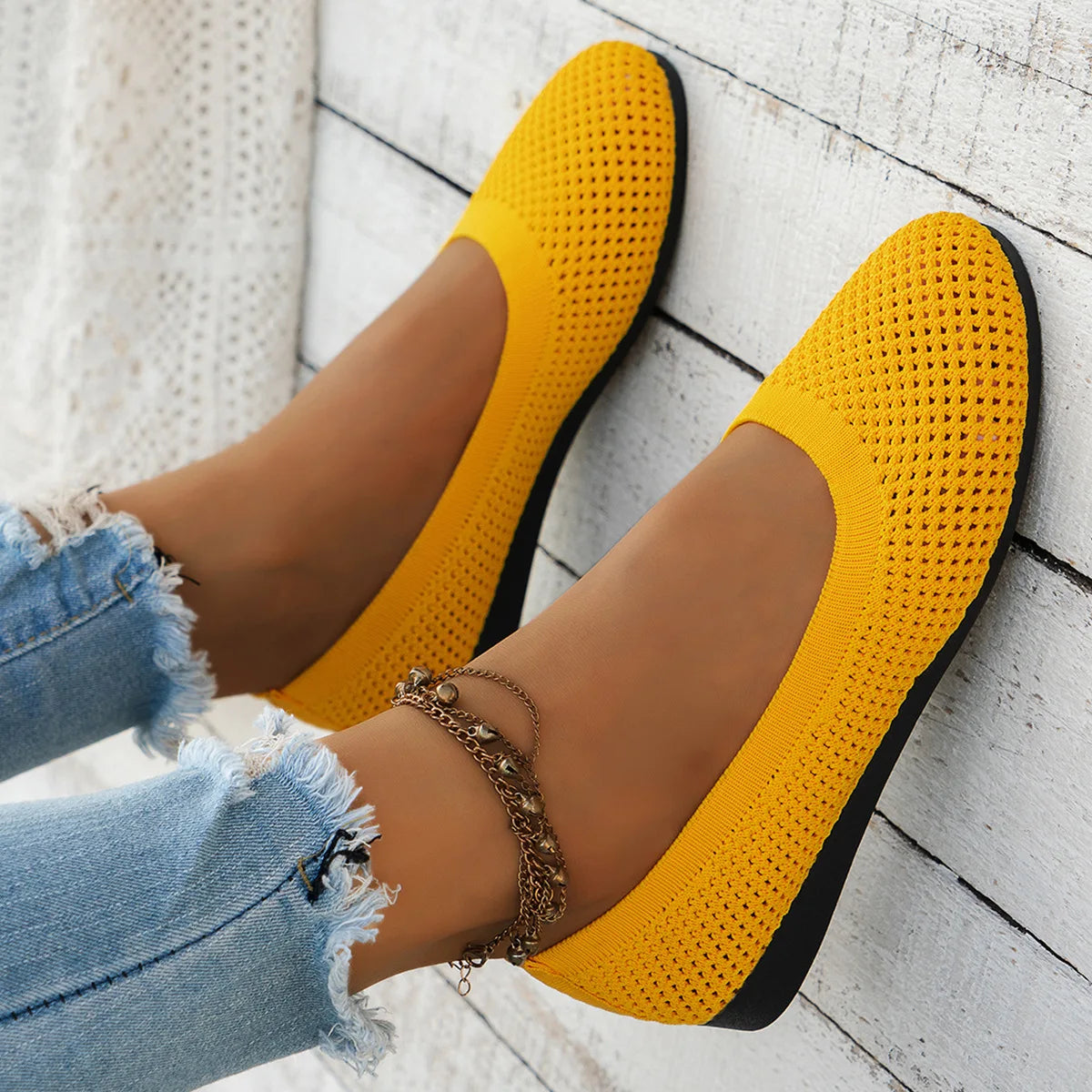 Frendorf | Frauen Rundzehen-Flachschuhe Einfarbige Strickslippers Legere Atmungsaktive Ballerinas Frauen Flachschuhe Loafers Frauen