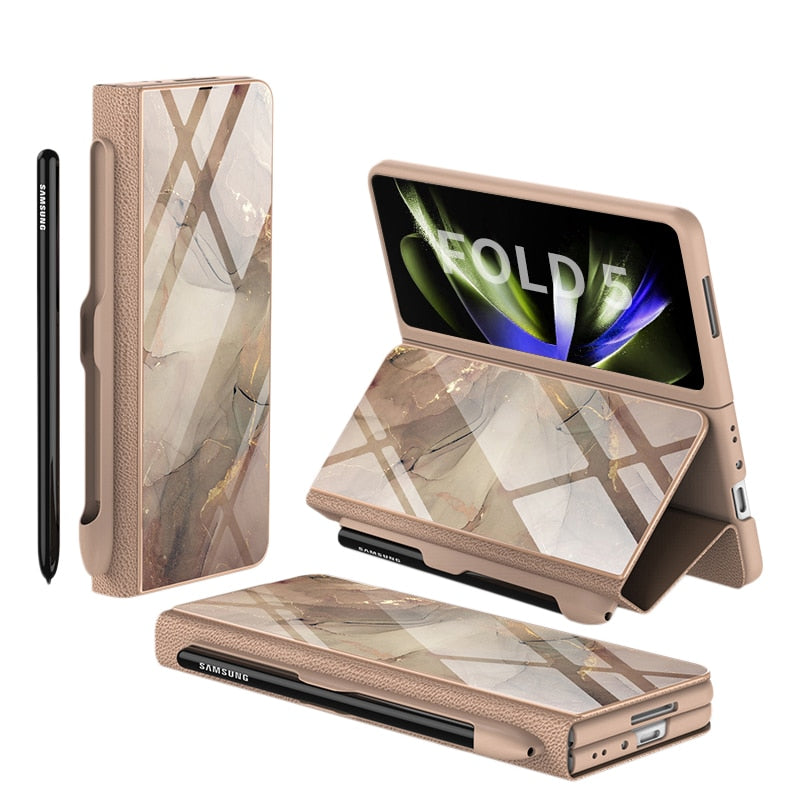 Frendorf | Stoßfeste Rüstungshülle Hülle Glas Abdeckung Ständer Einfügkarte Lederhülle für Samsung Galaxy Z Fold 5/4