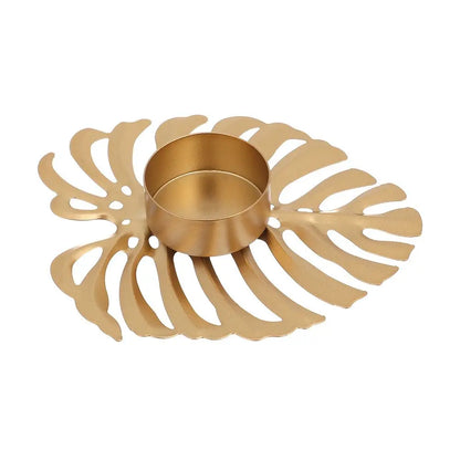 Frendorf | LumiLeaf Monstera Kerzenhalter aus Eisen | Gold & Grün | Tropisches Design | Wohn- und Tischdeko