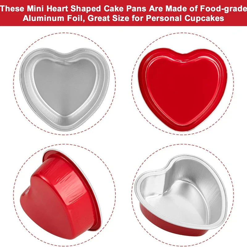 50 Stück 100 ml Aluminium Puddingbecher aus Alufolie mit Deckel - Herzförmige Einweg Mini Mousse Cupcake Behälter Backformen