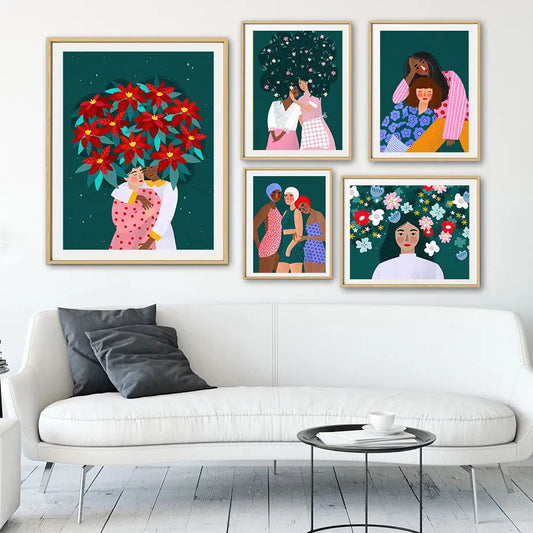 Abstrakte Mode Mädchen Bunte Blumen Blätter Wandkunst Leinwand Drucke Nordische Poster Und Drucke Wandbilder Wohnzimmer Dekoration