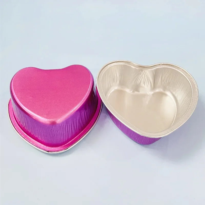 50 Stück 100 ml Aluminium Puddingbecher aus Alufolie mit Deckel - Herzförmige Einweg Mini Mousse Cupcake Behälter Backformen