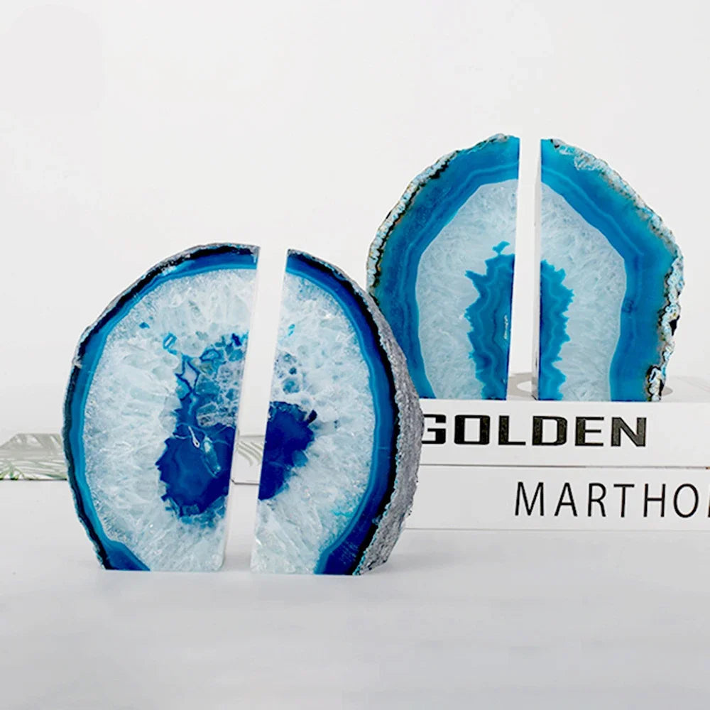 Frendorf | AurumEdge Blaue Achat-Buchstützen | 2er Set | Elegante Steindeko für Zuhause & Büro | Natürliche Edelstein-Optik