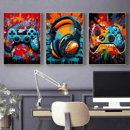 Farbige Spielcontroller-Leinwandmalerei Graffiti Gaming-Plakat Gamepad-Druck Bild für Jungen Gamer Schlafzimmer Wandkunst Wohnkultur