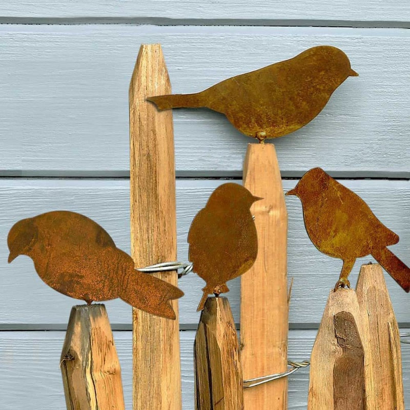 Frendorf | 4-teiliges rustikales Metallvogel-Set Zaun Dekor