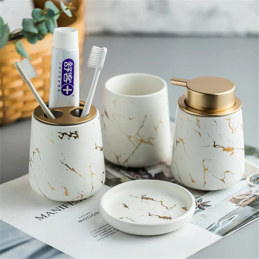 Frendorf | Marbliq Nordic Badezimmer-Set | 4-teiliges Marmor-Design | Luxuriöse Badaccessoires | Elegant & Praktisch