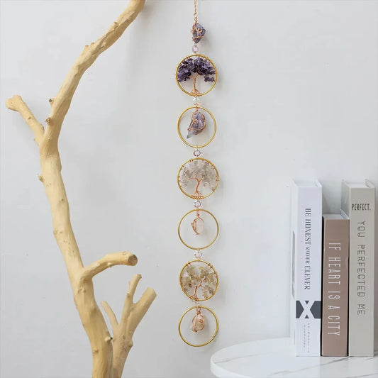Lebensbaum Kristall Wanddeko 6 Ringe Chakra Stein Wanddeko Nordische hängende Dekoration Boho Zimmerdekorationen Ästhetisches Geschenk