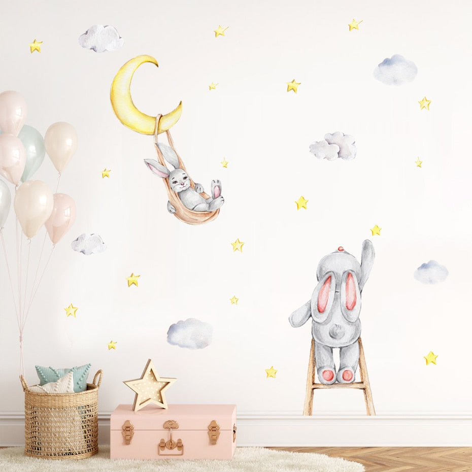 Frendorf | Cartoon Wandtattoos Hase Mond Sterne Wolken