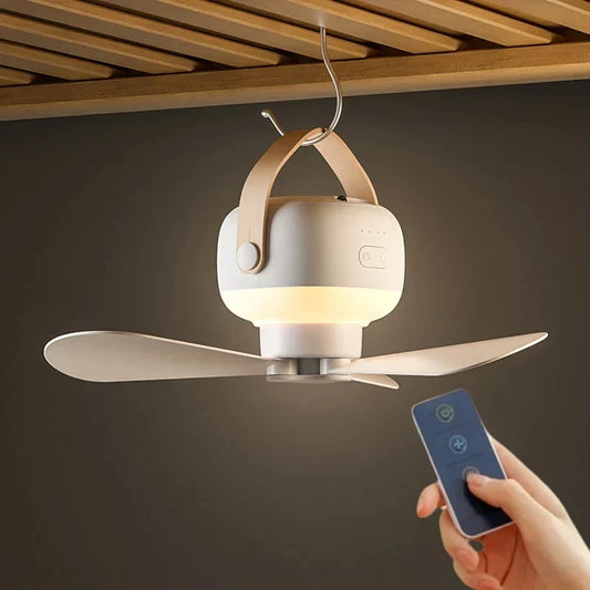 Mini tragbarer Deckenventilator mit LED-Licht & Fernbedienung – 4 Geschwindigkeiten, USB wiederaufladbar