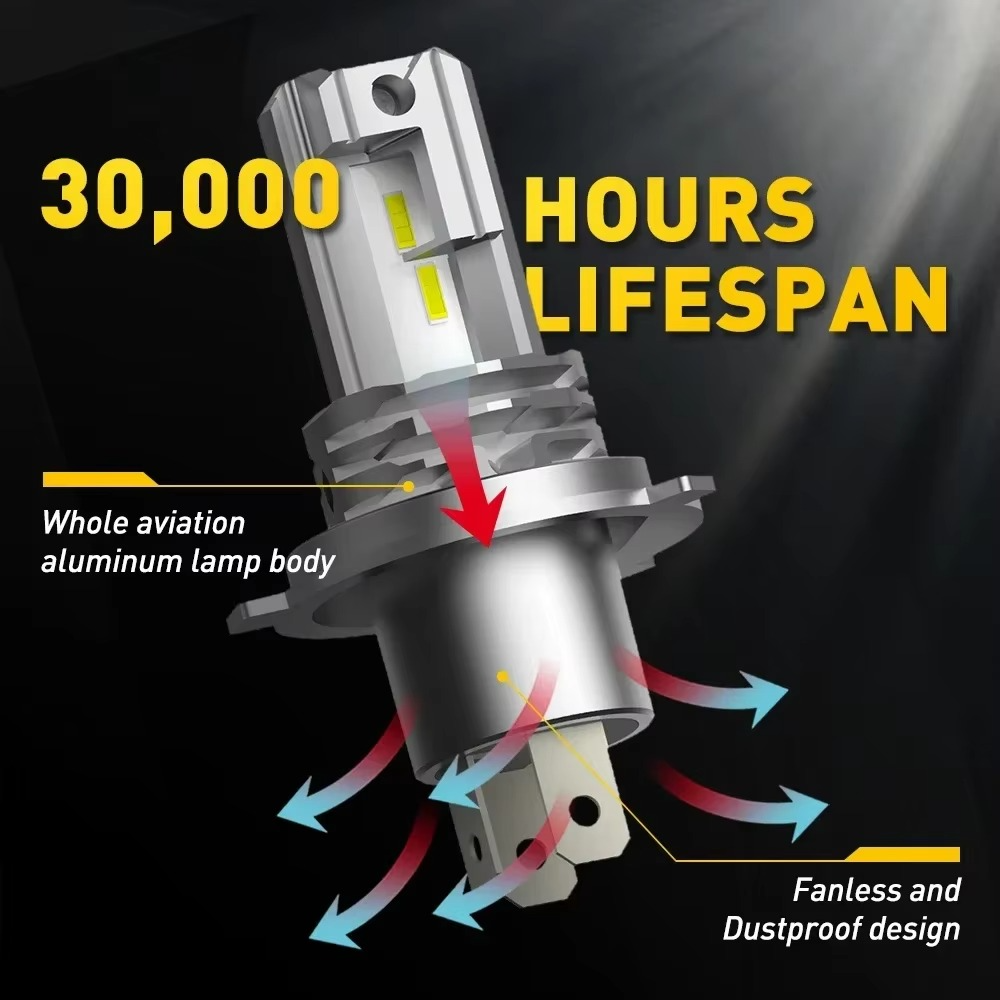Frendorf | 2 Stück 30000LM LED Scheinwerferbirnen H4 H7 9003 CSP lüfterlos Abblendlicht und Fernlicht 12V 24V