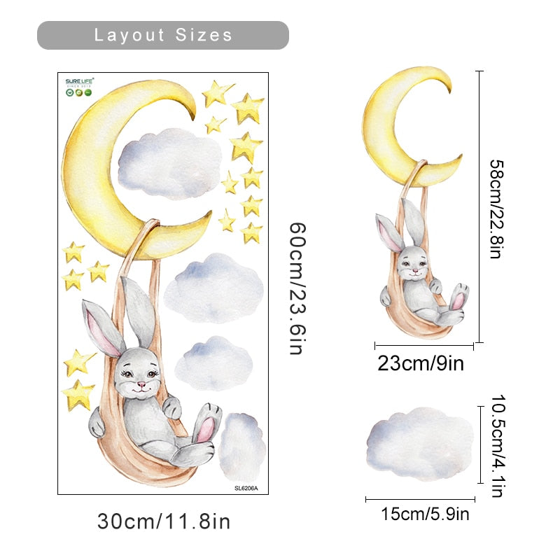 Frendorf | Cartoon Wandtattoos Hase Mond Sterne Wolken