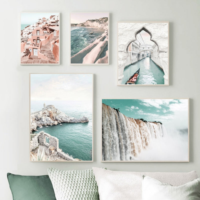 Venice Amalfi Küstenstadt Wasserfall Leinwandposter | Nordisches Schlafzimmer Wandkunst für Wohnzimmer Wohnkultur
