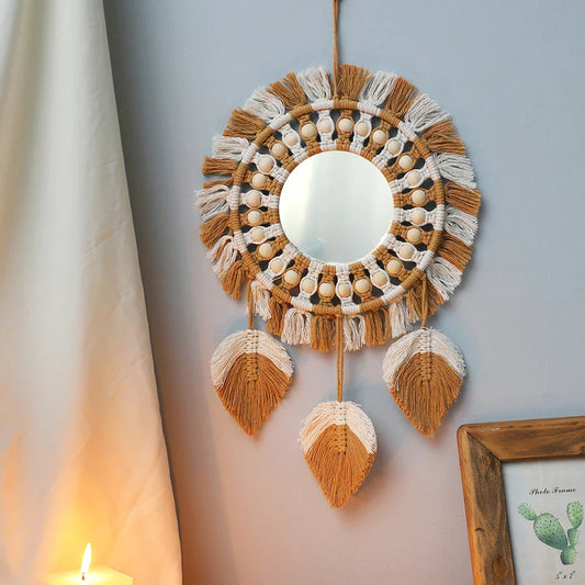 Makramee-Fransen-Dekorativspiegel Runde Wandspiegel Ornament für Dekoration Zuhause Schlafzimmer Wohnung Wohnzimmer Weihnachtsgeschenk