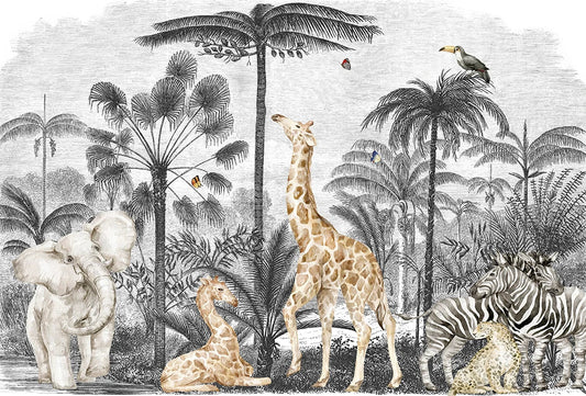 Frendorf | Giraffen und Elefanten Grauer Safari Tapete Mural