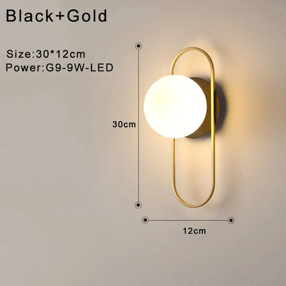Frendorf | Innenglasball-LED-Wandleuchte – Moderne Wandleuchte mit G9 9W Birne für Schlafzimmer, Küche und Wohnzimmer - Schwarz & Gold Design