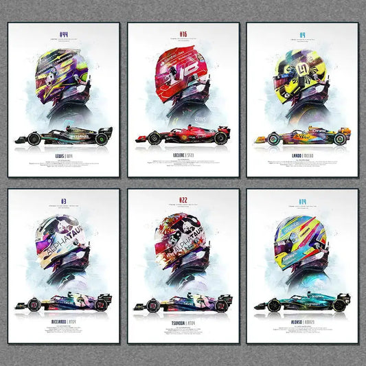 2023 Saison FI Formel 1 Rennhelm Bewegung Pop Wasserfarbe Wandkunst Leinwandmalerei Nordisches Poster Wohnzimmerdekoration